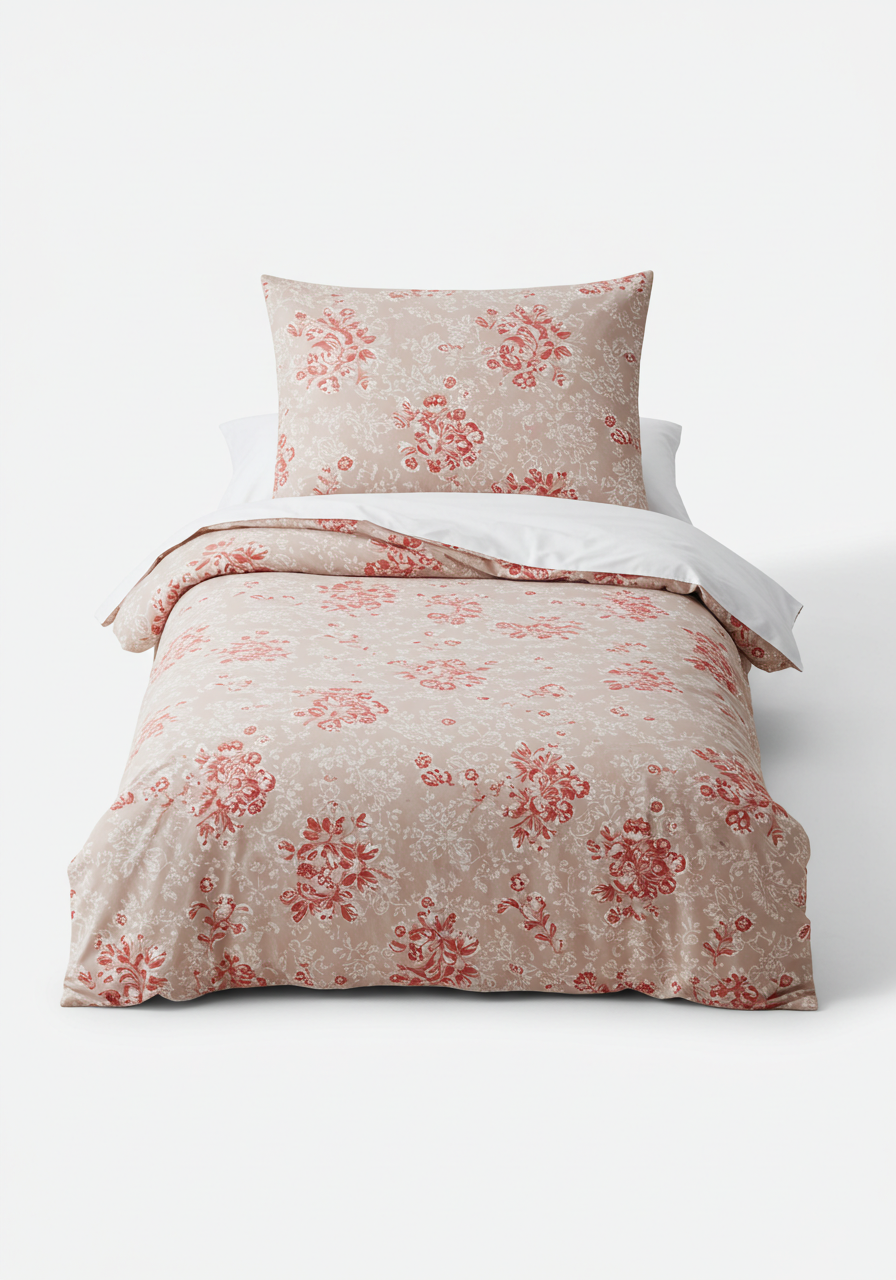 Beige Floral Duvet Cover Set with Red Flowers  
